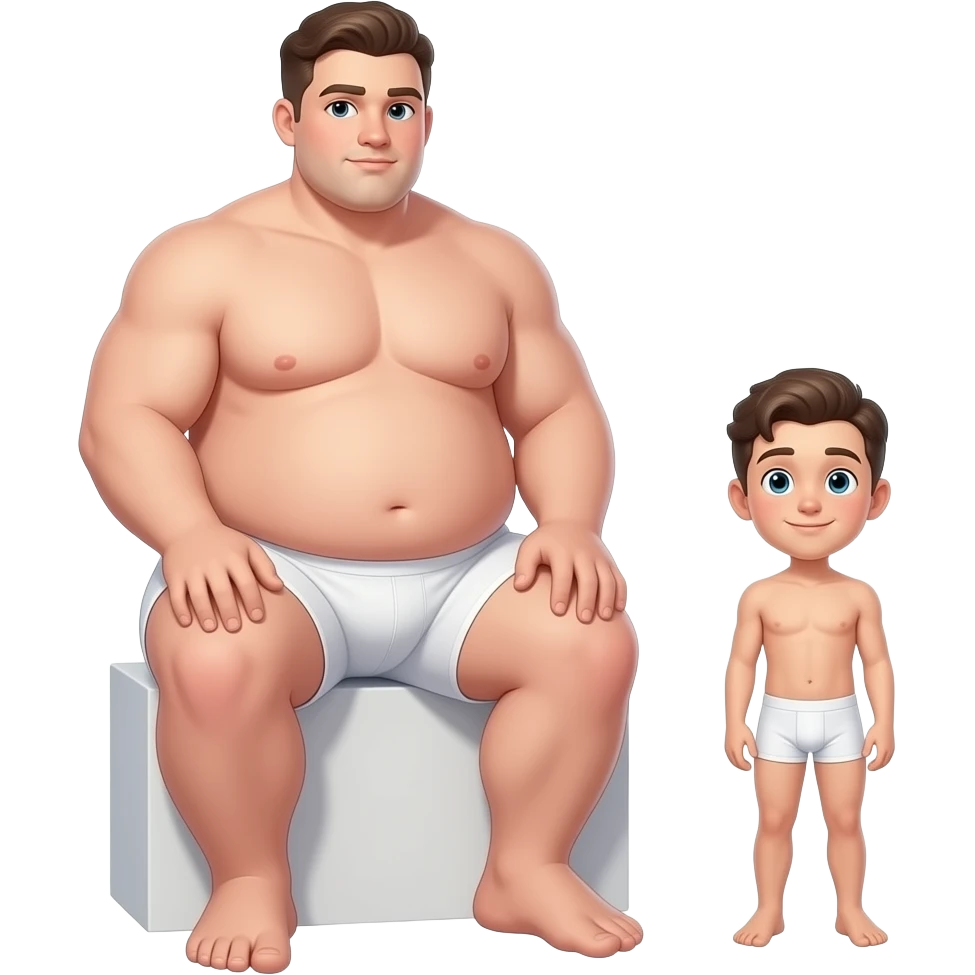 Strong very tall wide very fat teen, gigantic big dick, cool hairstyle, large dick, large feet, large dick, full body, fat, sitting on the tiny boy's head, in white boxers, standing next to a short weak thin boy tiny dick underwear 🩲 emoji