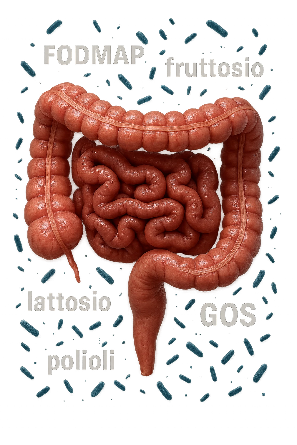 intestino umano anatomico con parole TIPO "FODMAP, fruttosio, lattosio, GOS, Polioli" in italiano CHE GLI FLUTTUANO INTORNO INSIEME A BATTERI INTESTINALI, iperrealistica 4k emoji