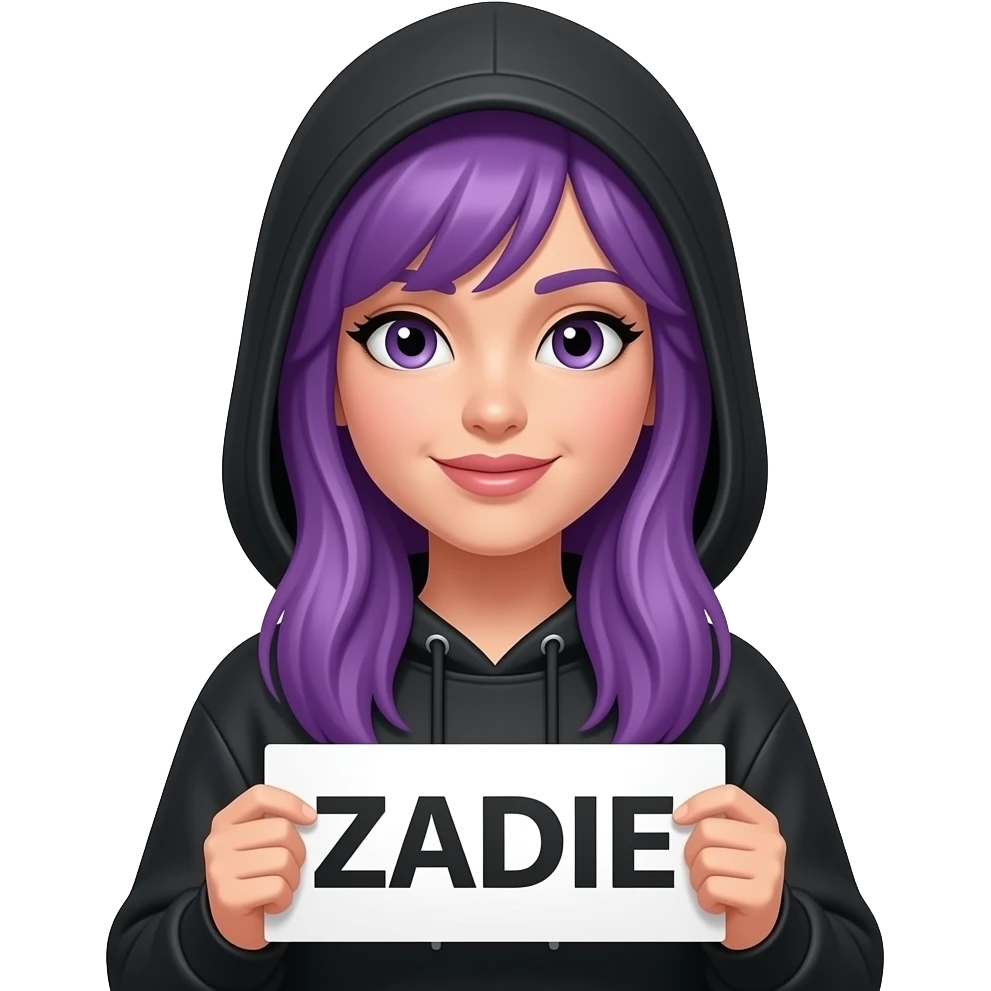 sexy girl with long purple wearing a black hoodie with the hood atop her headhair holding a ZADIE sign emoji
