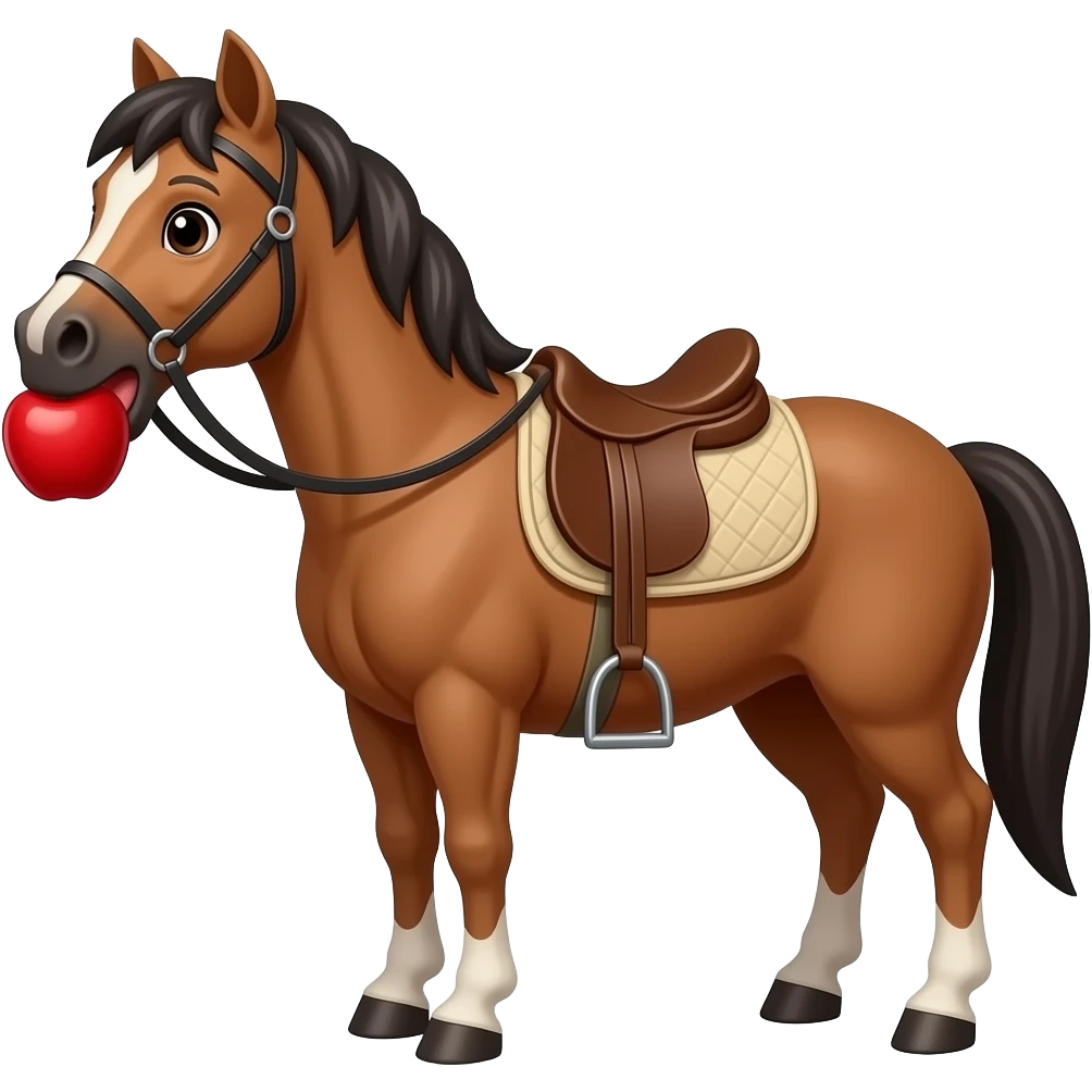 The cartoon brown horse with saddle and briddle chews an apple emoji