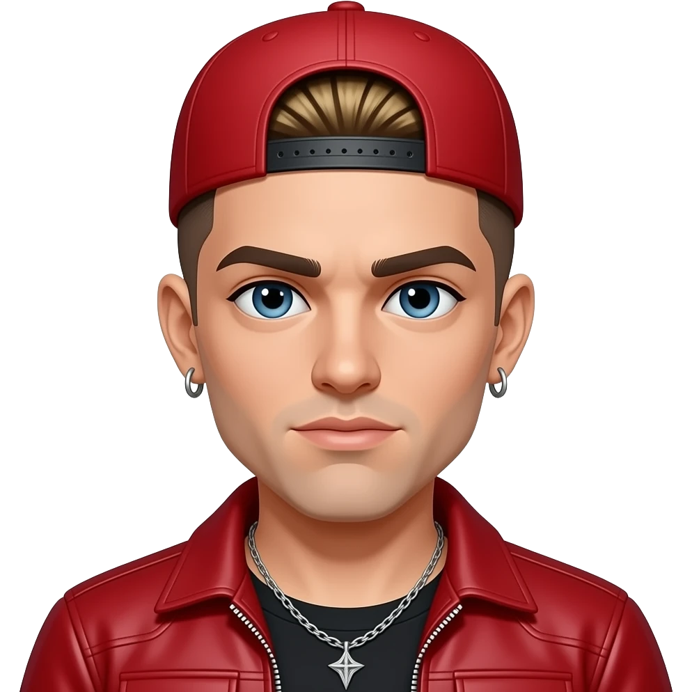 Fred with blue eyes, dark brown buzz cut hair with blonde ombre, red cap, red nu-metal outfit, earrings and necklace emoji