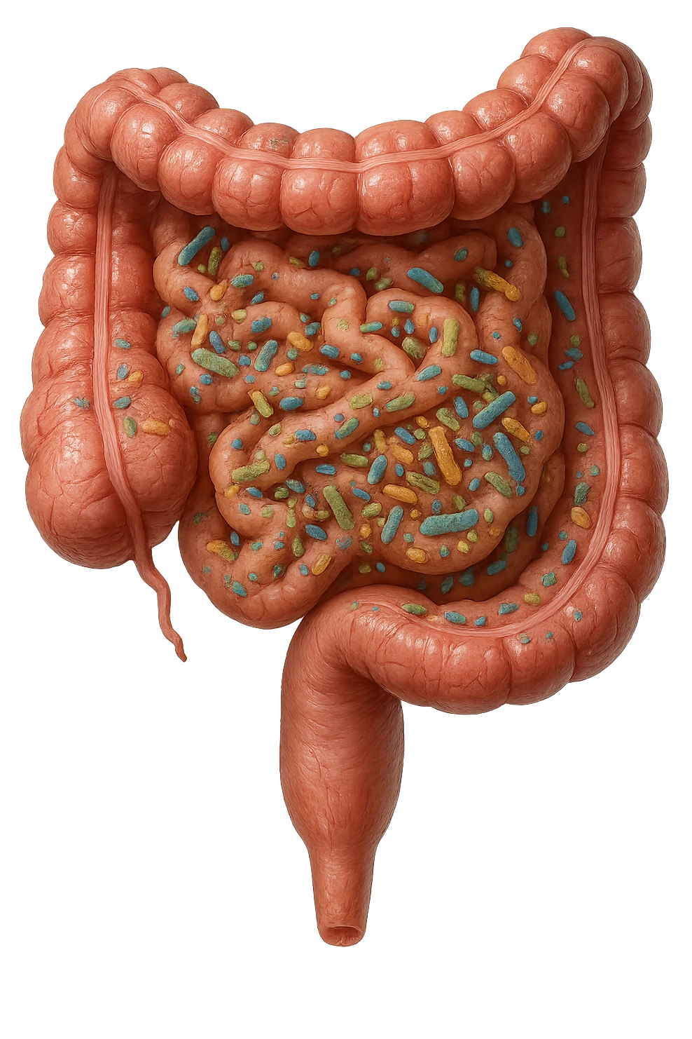 INTESTINO UMANO ANATOMICO CON BATTERI INTESTINALI, iperrealistica 4k emoji