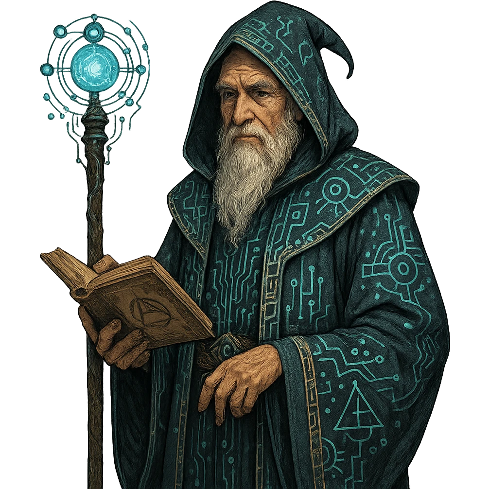master in artificial intelligence, alchemist wizard style, wearing a robe with technological symbols, wise expression, elements of alchemy mixed with circuits, transparent background emoji