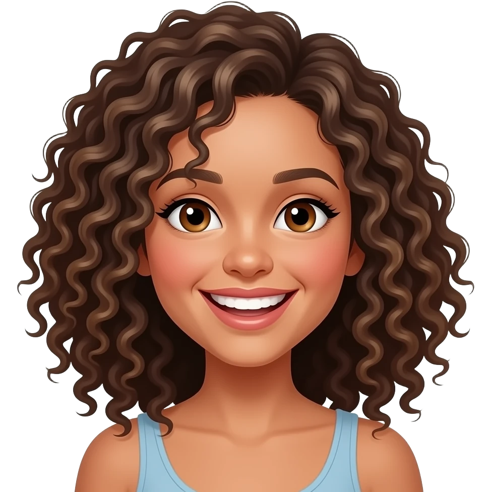 Sie hat Schulter lange Haare. Ihre starken locken fangen eher unten an also sie hat diese Brasilien locks. Wirklich vile kleine löckchen Braune Augen. Jungliches Gesicht und immer am lachen. Ihre locken fangen eher unten an sie hat oben keinen Volumen emoji