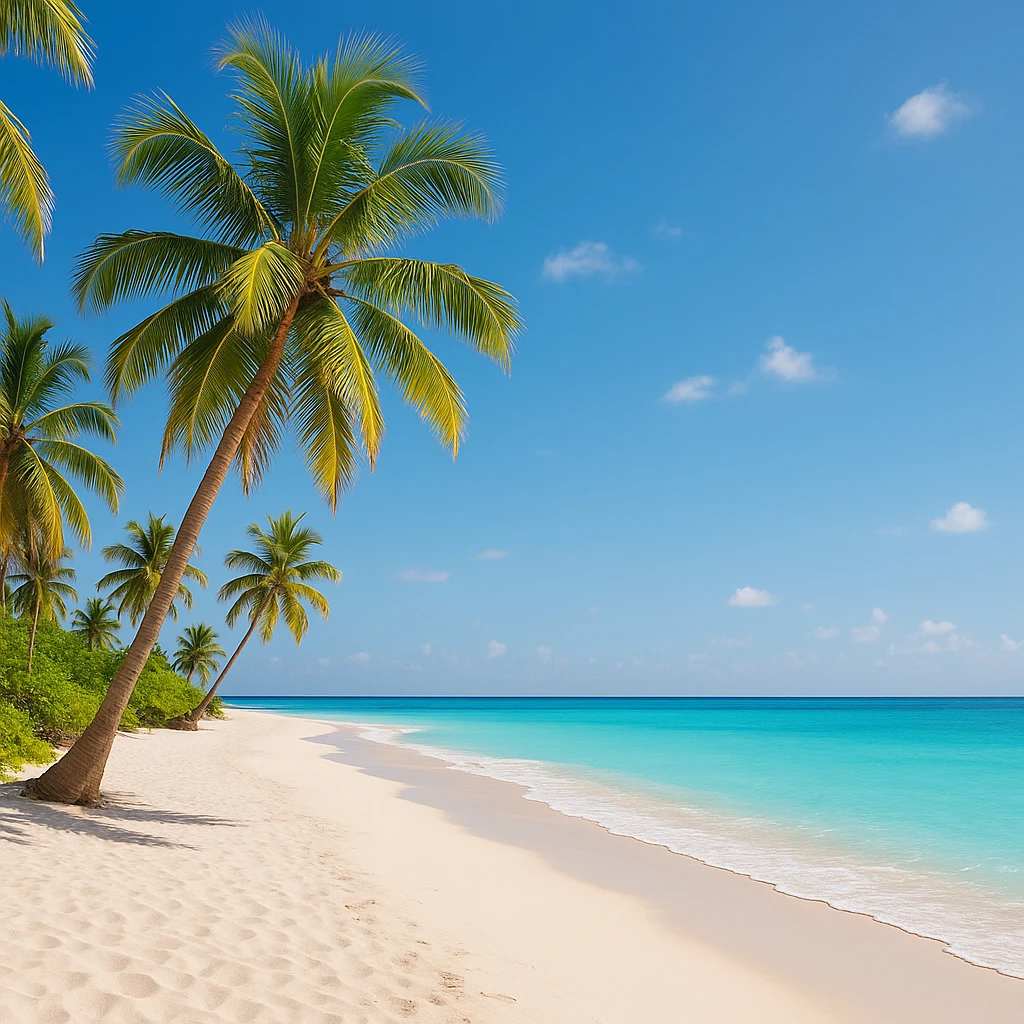 serene paradise scene with a peaceful beach, palm trees, and clear blue skies emoji