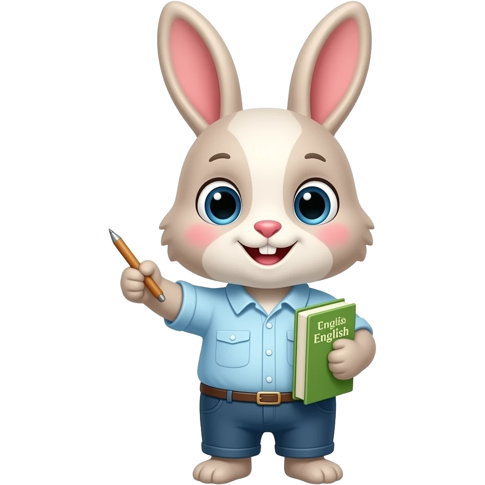 I want you to create a cute and effective emoji that looks like a rabbit who teaches English. The rabbit is holding an English textbook. emoji