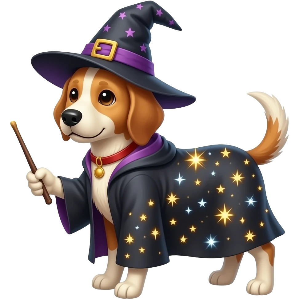 Haz un emoji de ese perro pero con gorra y vestimenta de bruja.  Con el bastón y magia la mitad del cuerpo y más Mágico emoji