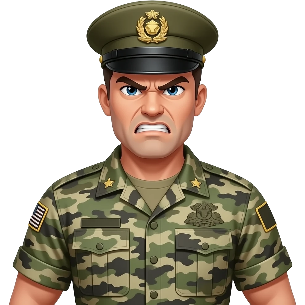 white drill sergeant character wearing a classic drill sergeant hat and a urban camouflage army shirt. The character should have an angry intense expression. full torso and arms emoji