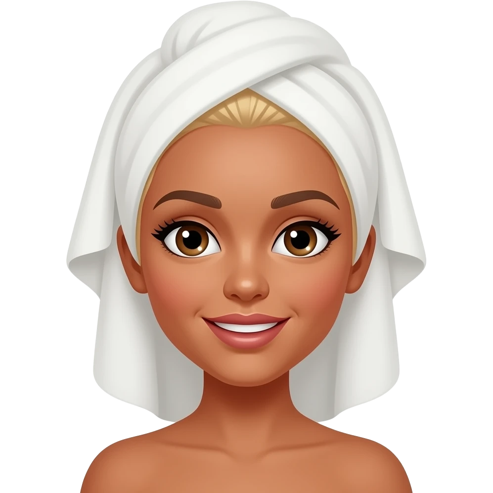 Clean girl tan skin brown eyes blonde hair head towel emoji