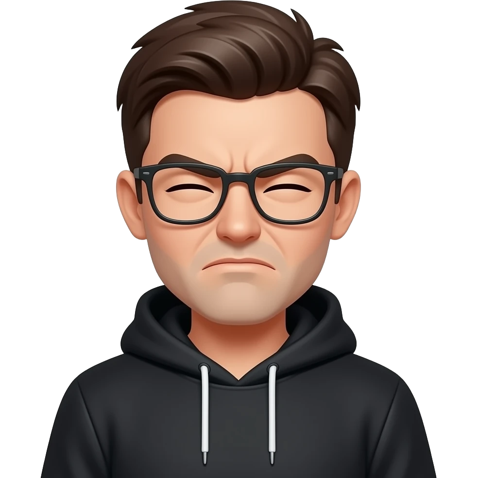 Black sweatshirt. Squinting both eyes. Glasses on. Frowning face emoji