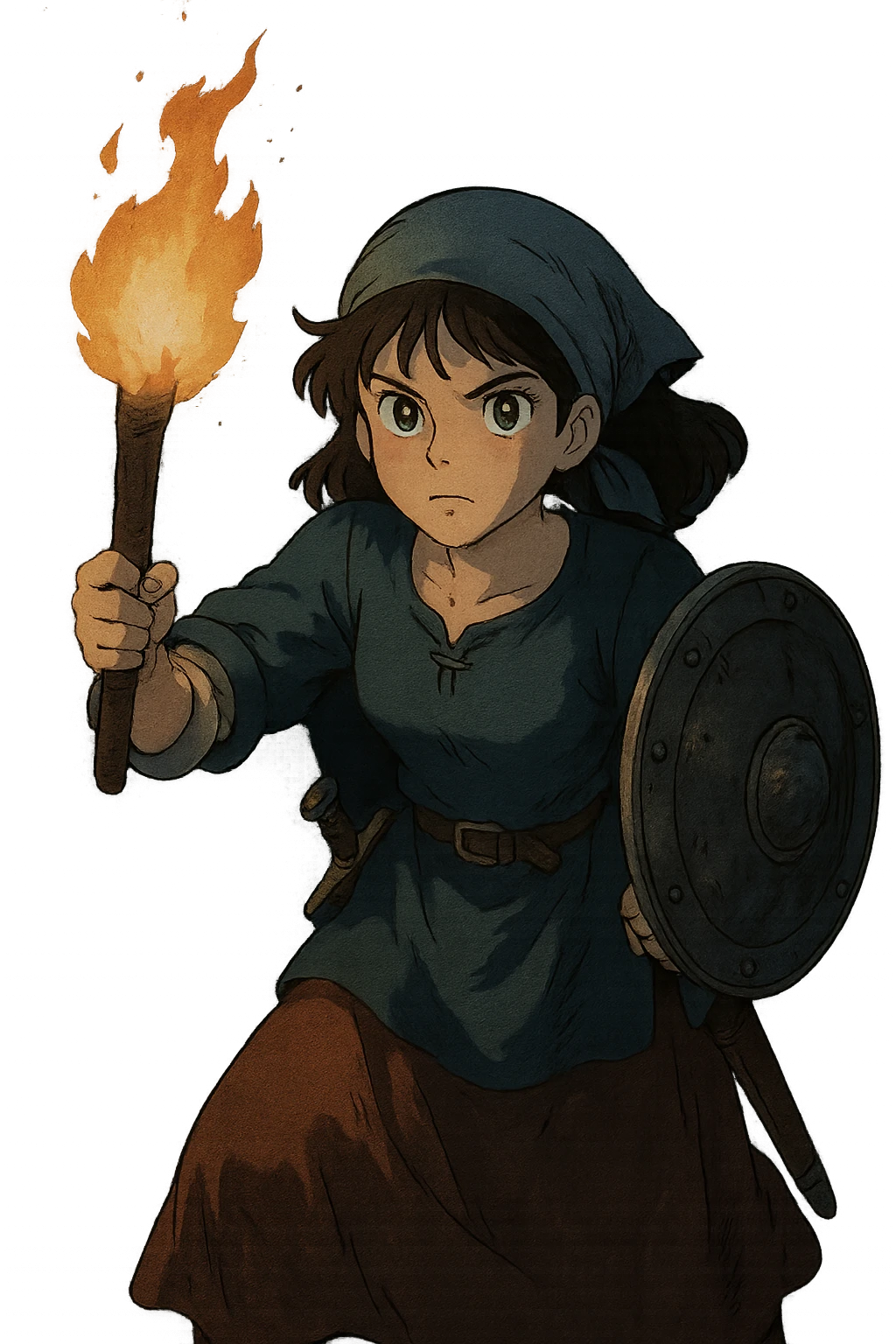 a warrior maiden with a sword and shield, common tavern clothing, eye gleam, defense stance, repose, amid darkness of midnight, holding only a torch emoji