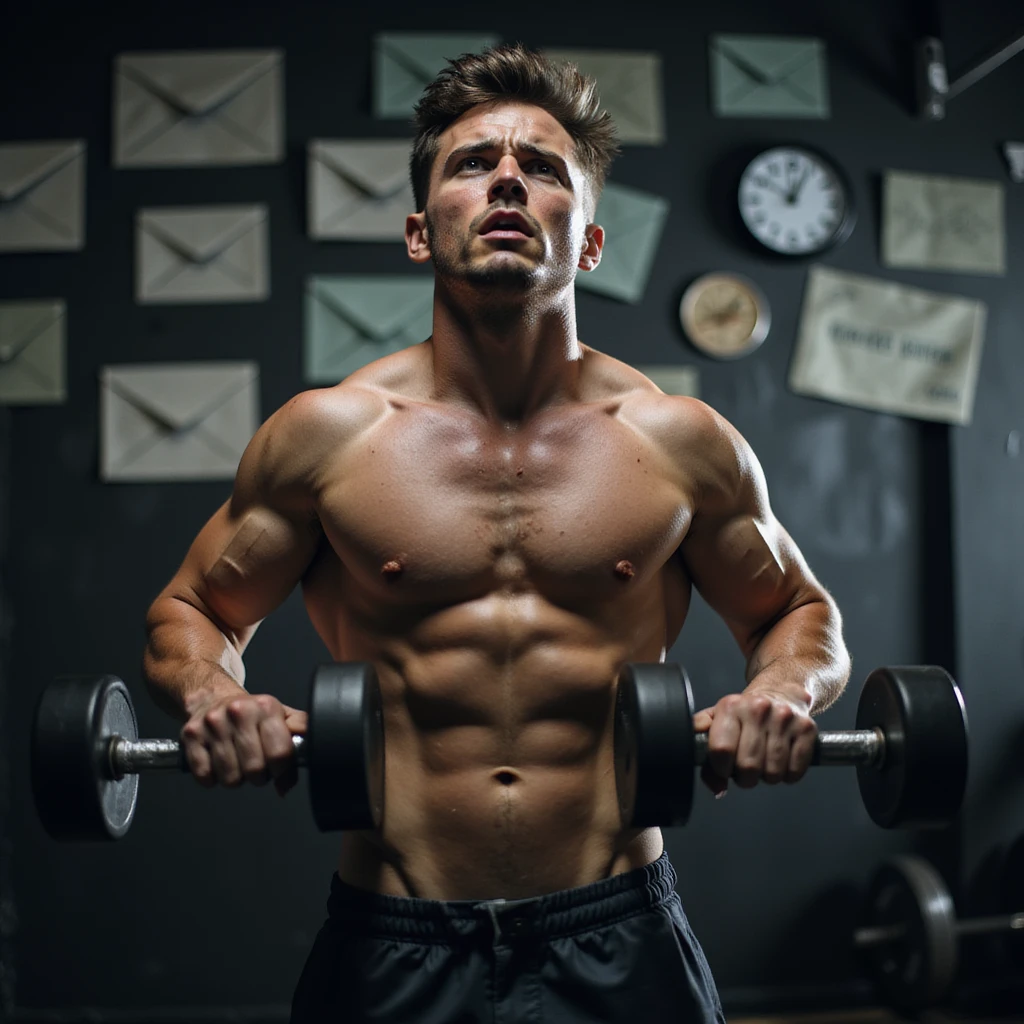 realistic, dramatic lighting; man in gym, not very muscular, lifting weights, face shows high anxiety and stress, sweat, background with visible thought symbols (emails, clocks, arguments, money), expressive posture, focus on psychological pressure emoji