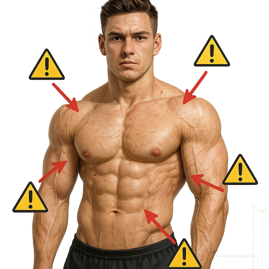 25-year-old bodybuilder with low collagen, hyper realistic style, defined muscles, skin with highlighted areas showing low collagen, red arrows and warning symbols, clinical atmosphere, white background emoji