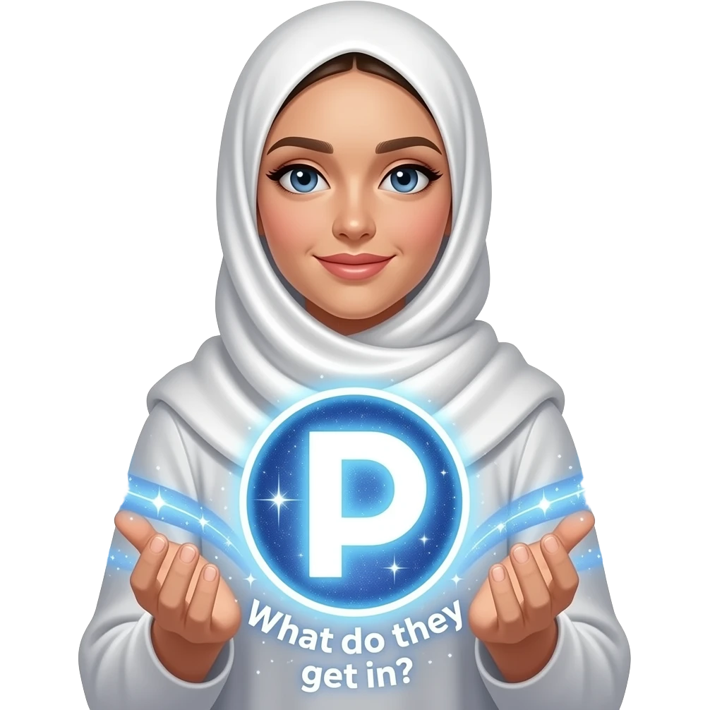 A beautiful woman in a pearl-white satin hijab flying her left around a glowing Patreon logo made of crystalline light. Swirling trails of celestial energy and stardust surround her hands, shiny light text: 'What do they get in?'. Isolated on white, soft pastel colors, 3D icon style, ultra-detailed emoji