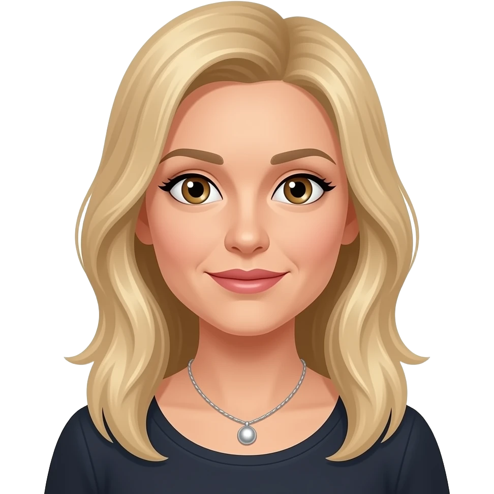 female, blonde hair, long hair, hazel eyes, mid 30's, silver necklace emoji