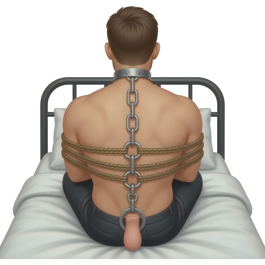 Male tied to bed on his back bdsm bondage, wearing chastity cage on his cock emoji