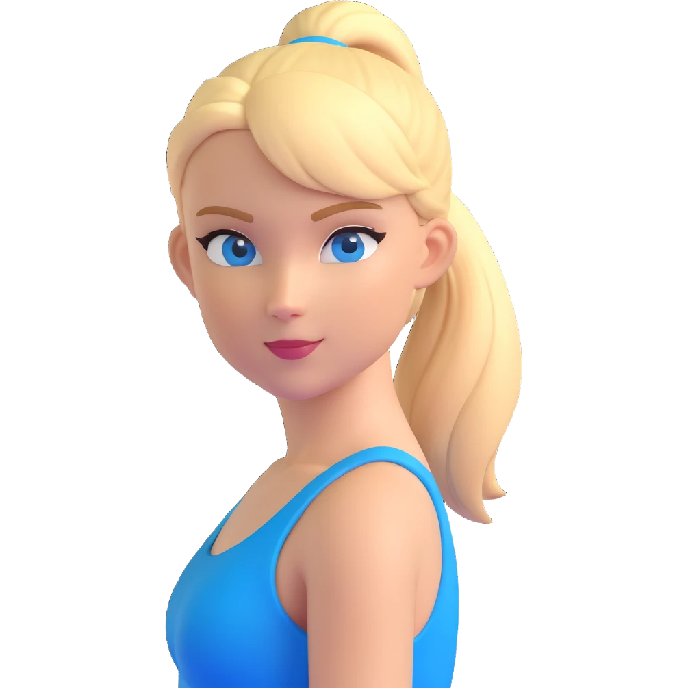 a woman in a sporty swimsuit, blonde hair in a ponytail, blue eyes, confident expression emoji