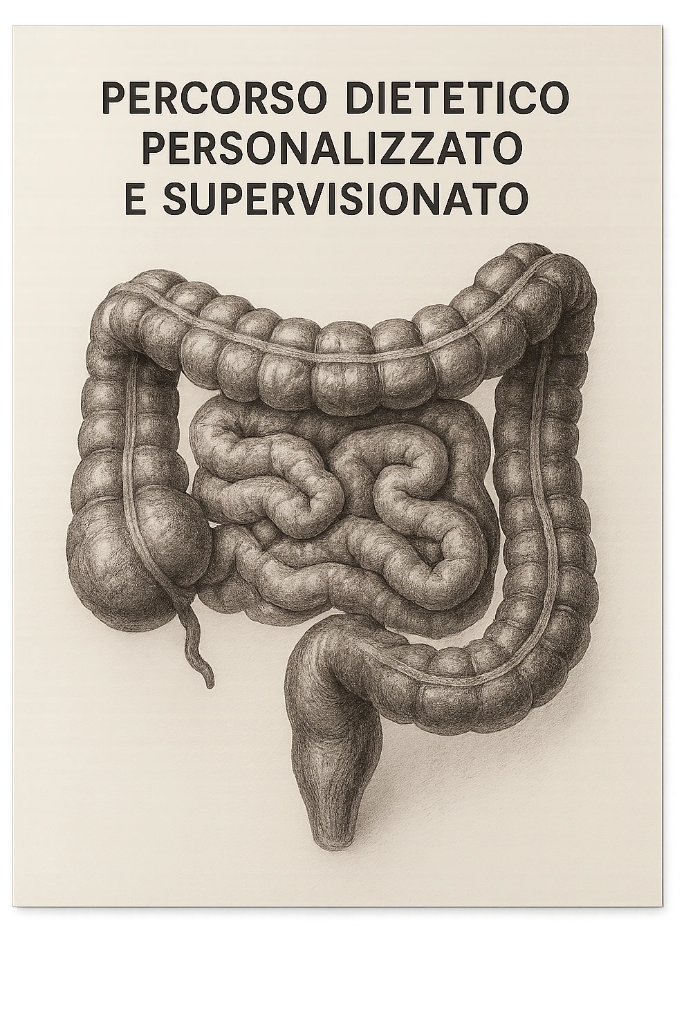 foglio di carta con intestino disegnato sopra e la scritta "percorso dietetico personalizzato e supervisionato", iperrealistico 4k emoji