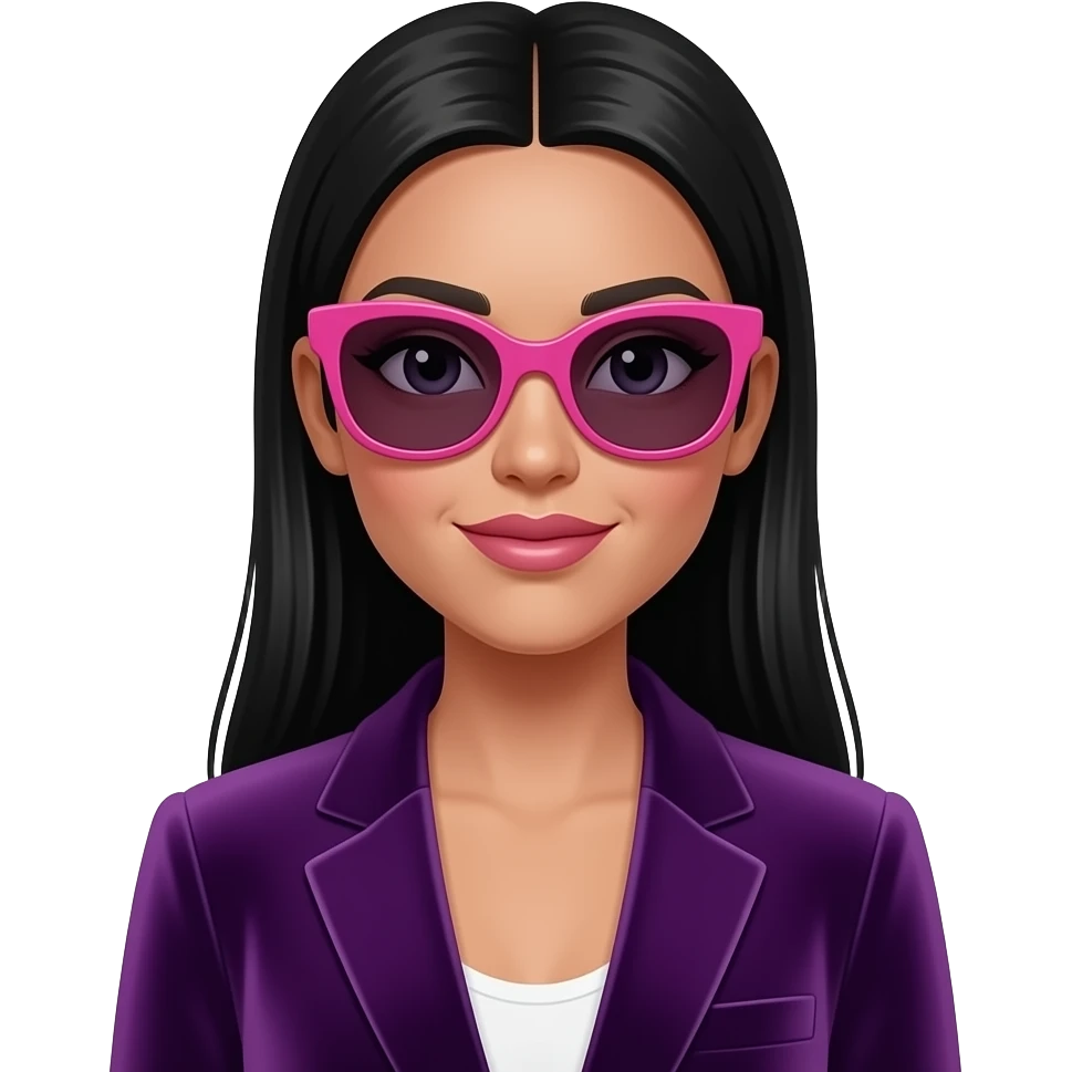 Women wearing velvet blazer with centre hair  parting black long hair with big pink sunglasses emoji