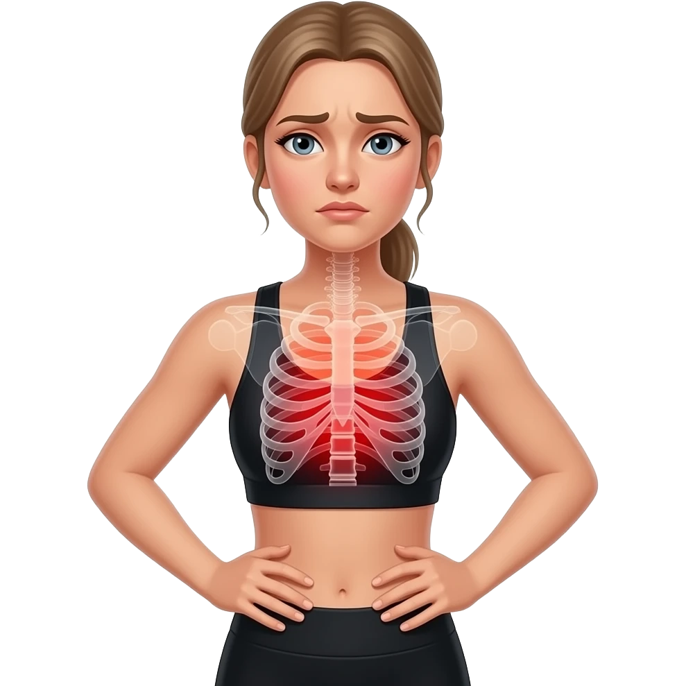 breathing discomfort, full red glow covering chest, ribs, and lung area, woman with hands on ribs, fair-skinned woman, gray-blue eyes, ash brown brows, ash light brown hair tied back, slim athletic body, black workout set emoji