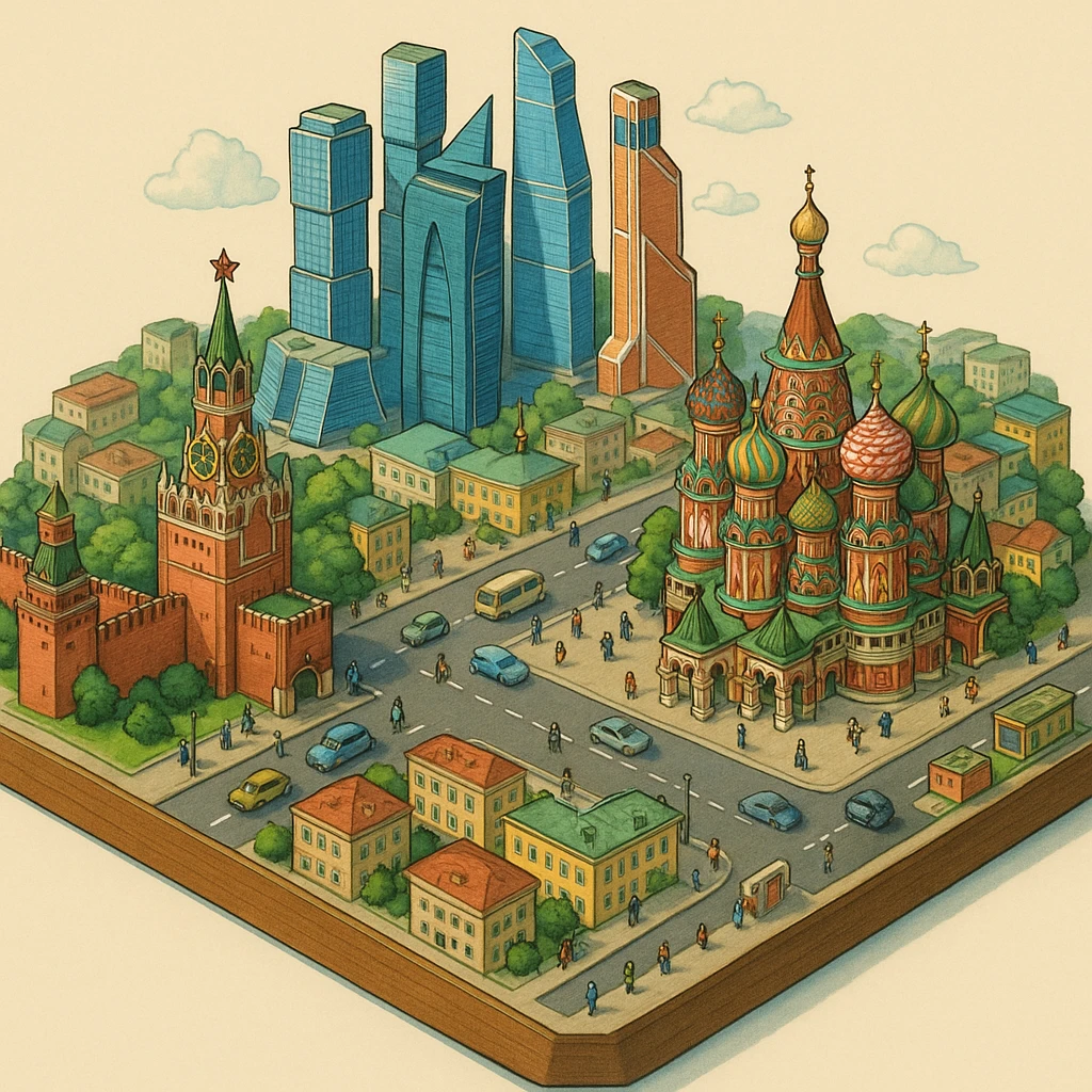 Изометричная миниатюрная 3D модель Москвы на подставке - фотореалистичный Кремль, собор Василия Блаженного, фотореалистичный Башни Москва-Сити, аккуратная детализация, яркие цвета, мультяшный реализм, гуляют люди и современный автотранспорт и метро, компактная композиция, вид сверху в изометрии emoji
