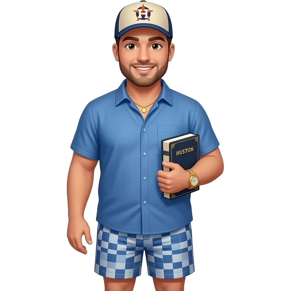 Chubby man with light honey skin tone with lightly shaved black beard and brown eyeswearing a blue button up short sleeve shirt with matching shorts with square pattern design wearing a beige Huston Astros logo baseball cap wearing a gold watch wearing a gold tennis necklace reading the Bible emoji