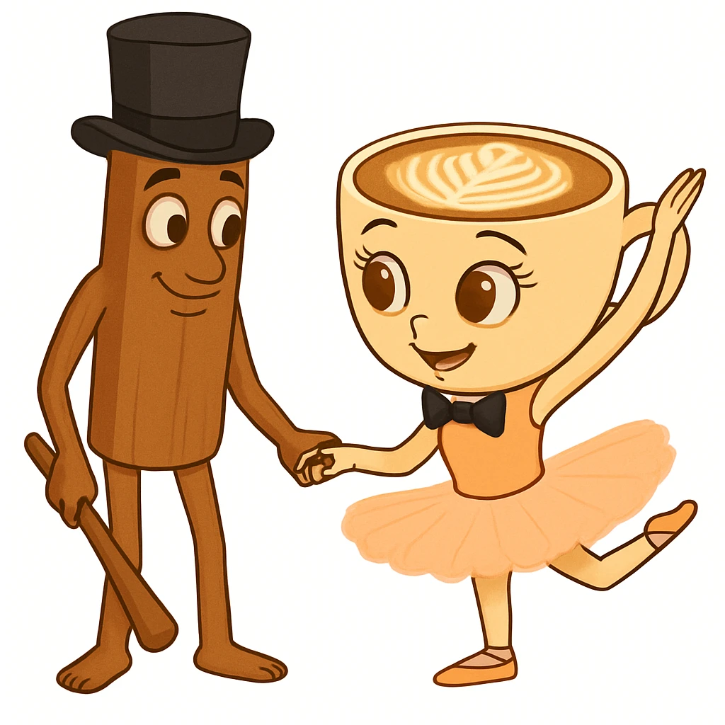 Add a bow tie to the coffee cup character and a top hat to the cinnamon stick character in the same quality and style as the original image. emoji