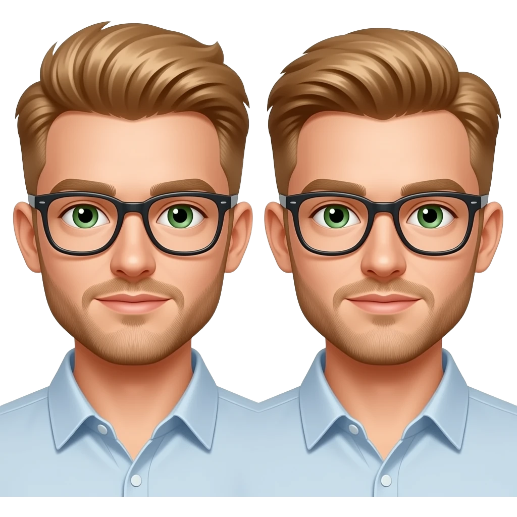 strawberry blond / light auburn colored hair, short and tapered on the sides cut hair, male, green eyes, short beard, and a blonde male, short beard, glasses. Standing like a couple emoji