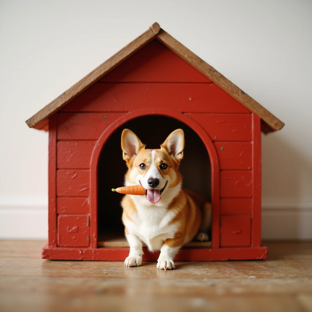 realistic red dog house with a Corgi dog inside, Corgi with a carrot, photorealistic style emoji