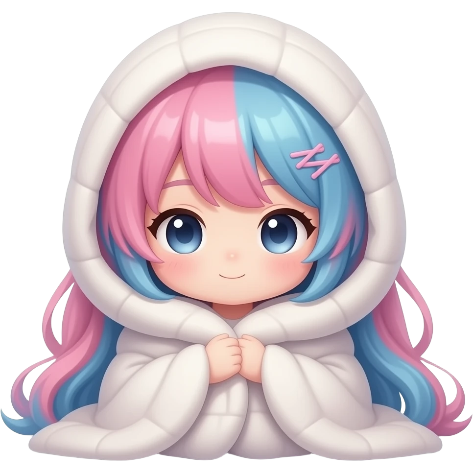 Can you make a chibi girl that has pink and blue hair and is snuggles up in a blanket emoji