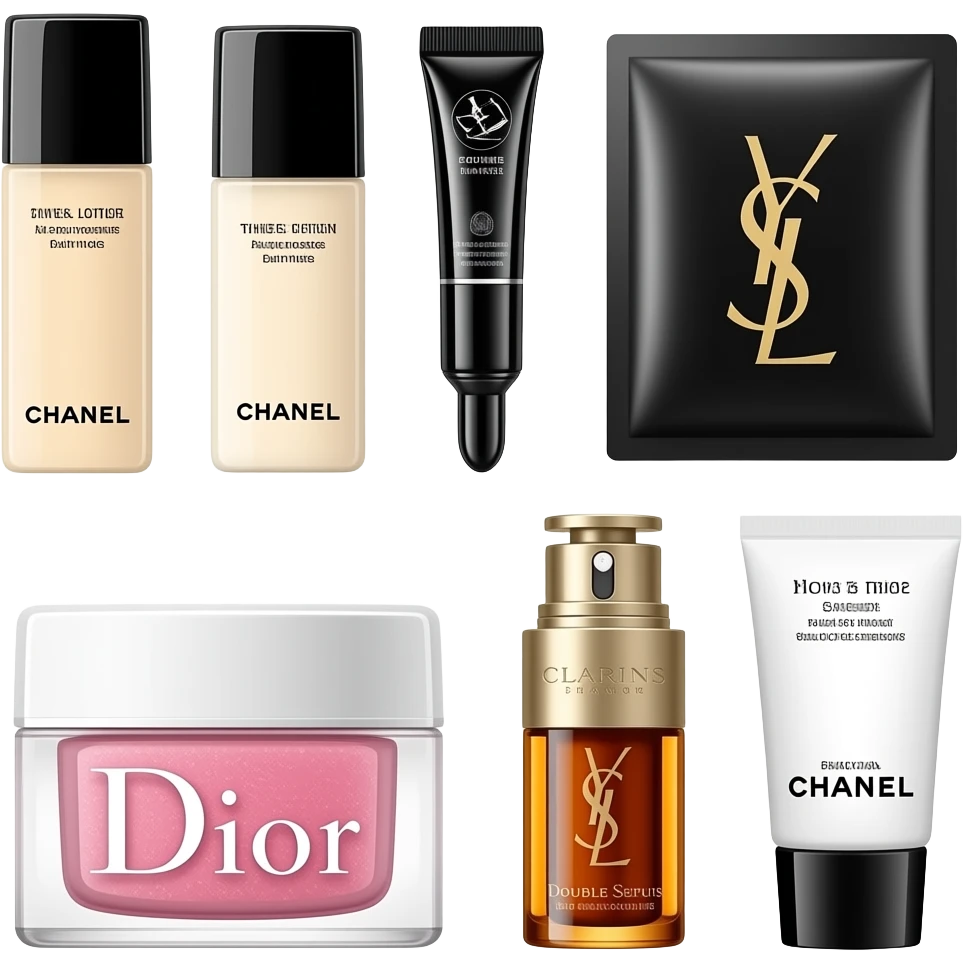 A collection of skincare sets featuring Chanel toner and lotion, YSL eye cream and sheet masks, Dior face cream, Clarins Double Serum, and Chanel facial cleanser emoji