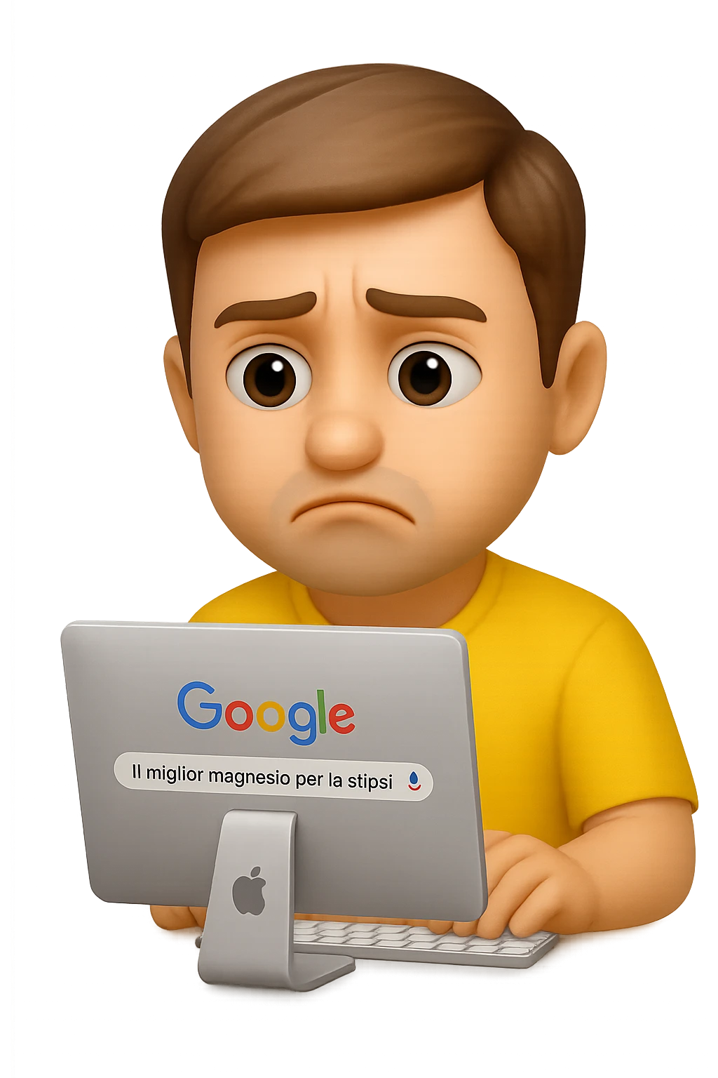 emoji stile iphone di un uomo davanti al pc che cerca di google: "Il miglior magnesio per la stipsi", iperrealistico 4k emoji