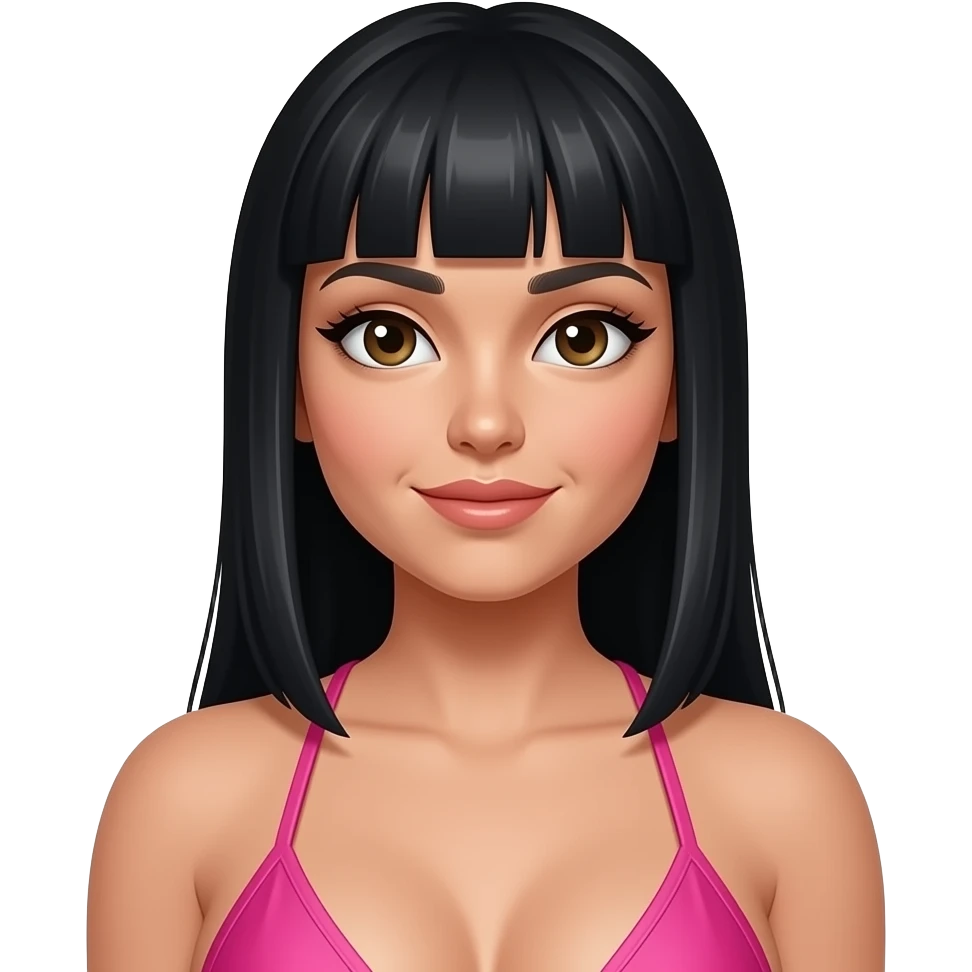 Nicki with straight black hair, pink thong bikini, big butt emoji