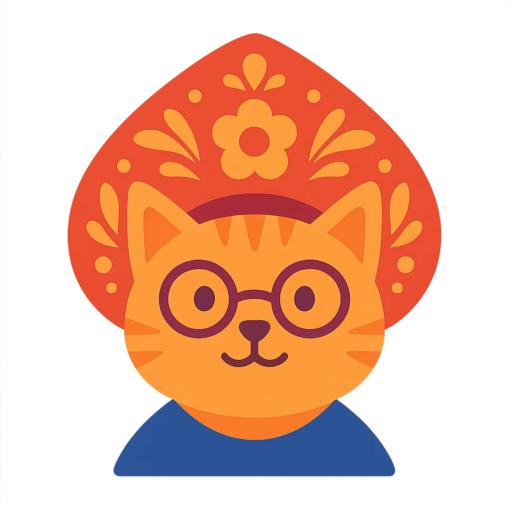 A cat with a kokoshnik and round glasses, vibrant and detailed. emoji