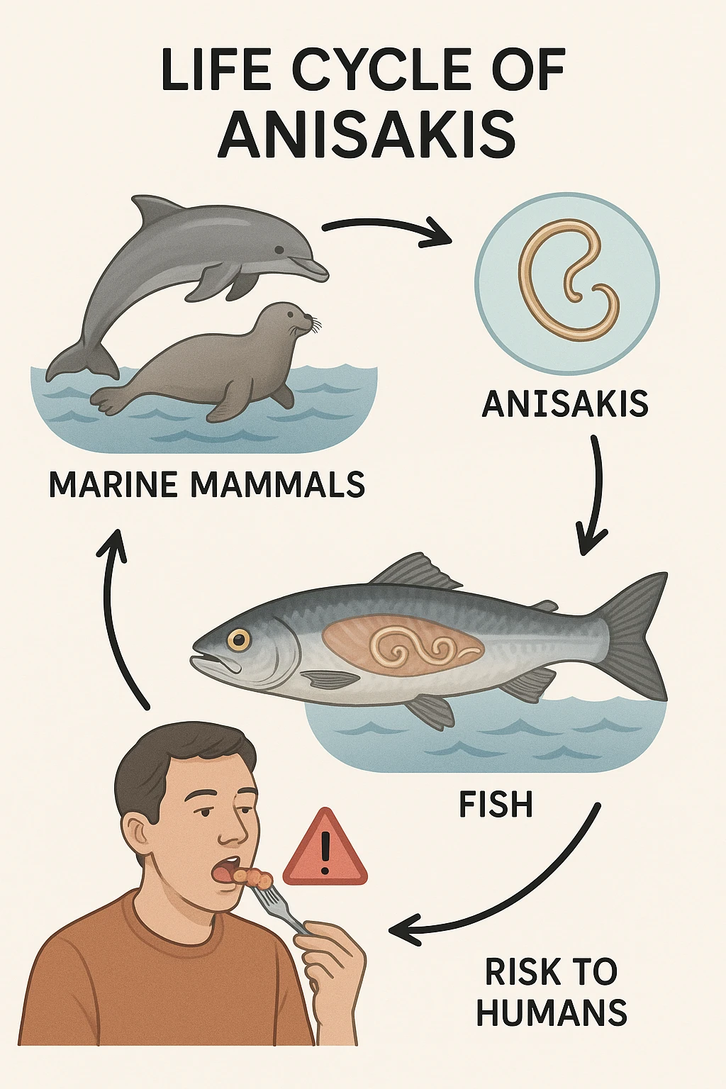 a diagram showing the life cycle of Anisakis, with arrows connecting stages from marine mammals to fish and then to humans. Each stage is illustrated with realistic images: the parasite in the ocean, inside a fish, and the risk to humans who eat contaminated seafood. The style is clear and informative, with labels and icons. emoji