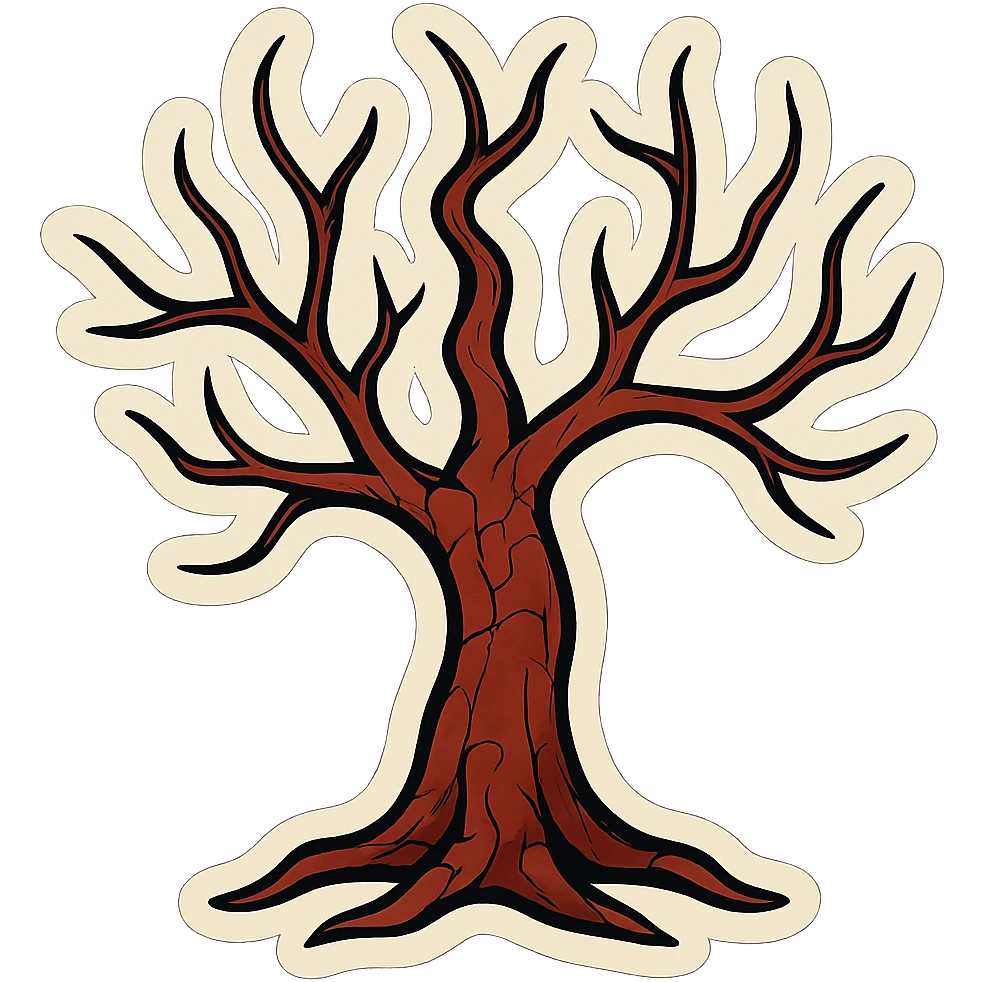 spooky tree with thin curved branches, brown-red cracked bark, sharp black outlines, clear shadows and highlights, retro stickers style, no gradients emoji