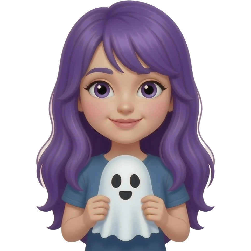 girl with long purple hair with a GHOST sign emoji
