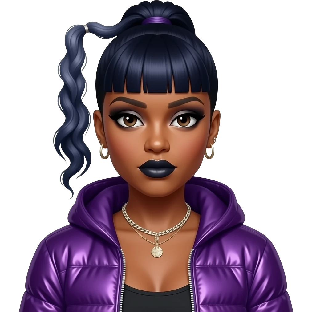 Missy Elliott with dark brown eyes, dark indigo high ponytail bang hair, black eyeshadow and lipstick, dark purple metallic hip-hop outfit, necklace and earrings emoji