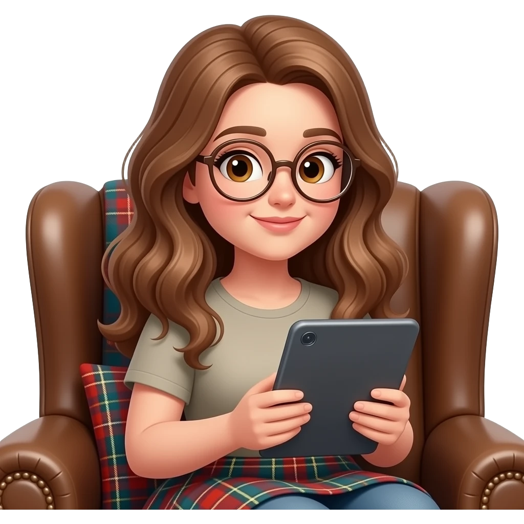 detailed emoji illustration of a curvy woman with long light chestnut brown wavy hair, light brown eyes and round glasses sitting in a brown armchair with a planket scottish pattern in the back while reading on an e-reader tablet, cozy reading atmosphere, cute emoji style emoji