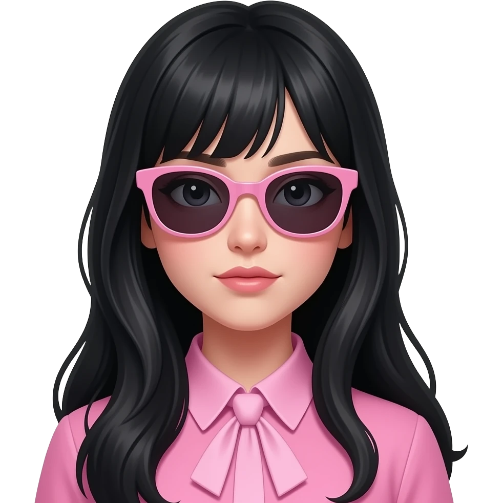 coquete introvert pink girl, with black long hair and sunglasses no glass emoji