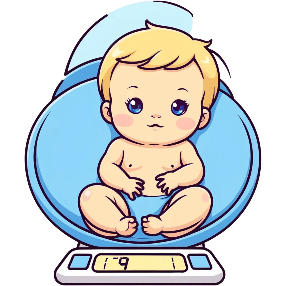 A newborn infant baby girl with blonde hair and blue eyes on a scale after being born getting weighed emoji