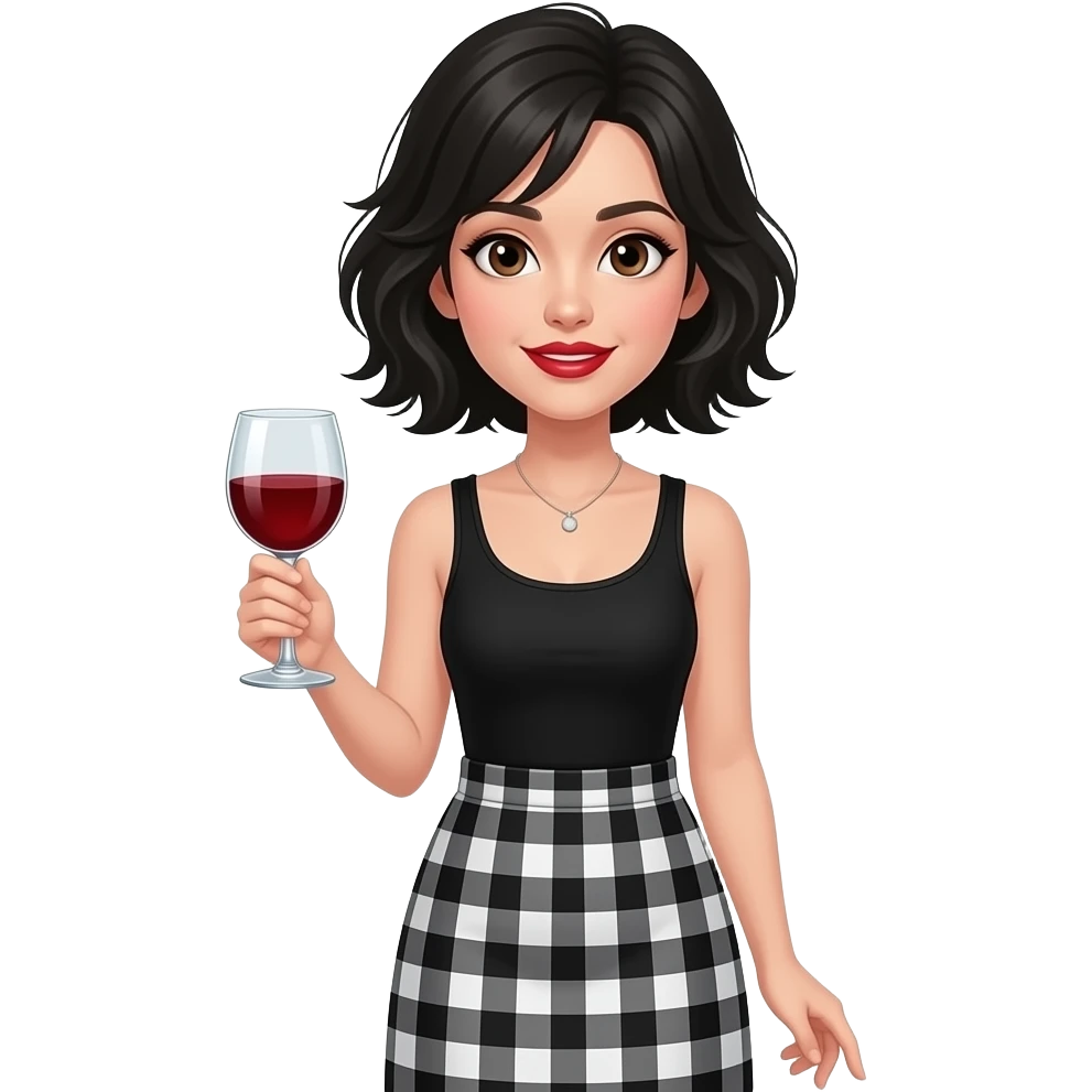 White chick with dark brown eyes with a black short tousled haircut with extremely and incredibly thin wafer-like lips with red lipstick wearing a black singlet and black and white checkered shin-length skirt with a glass of red wine emoji