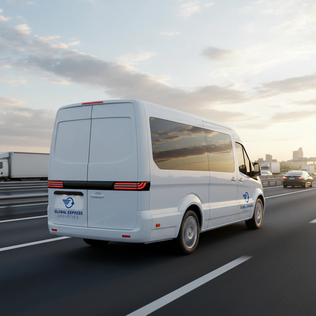 white modern cargo minibus for delivering small cargo. logistics service. the car is driving on the highway. rear side view emoji