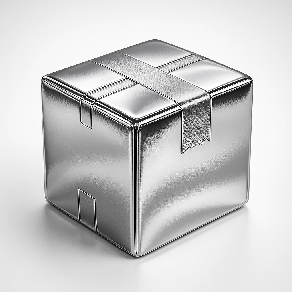 package box transformed into a chrome style: metallic, shiny, modern, preserving the original box shape and tape details emoji