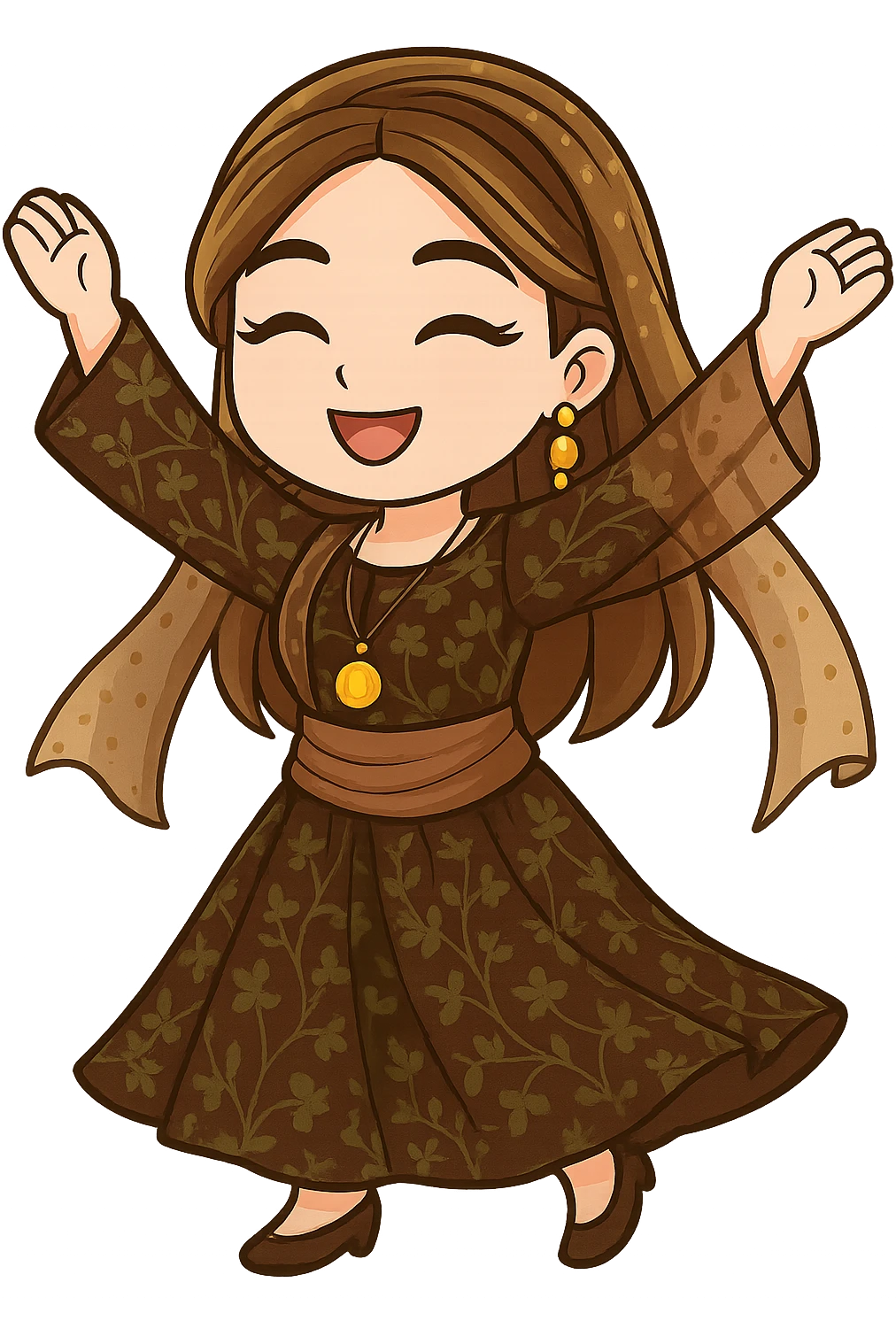 Kurdish cartoon sticker of the same woman in the new dress, dancing Kurdish style (Halparke or Sama) with arms raised, joyful expression, no text, transparent background, chibi stickers style. emoji