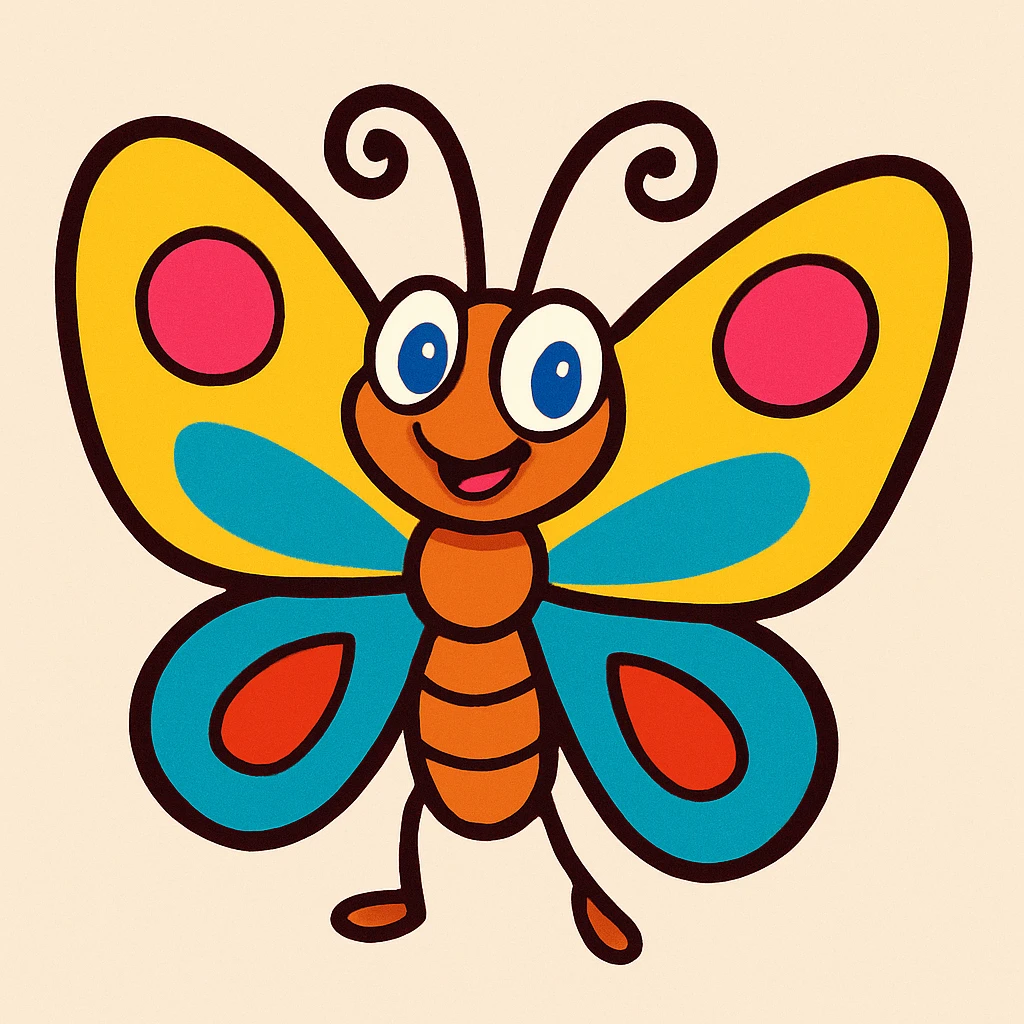 a butterfly in vibrant cartoon style with colorful wings and a cheerful expression emoji