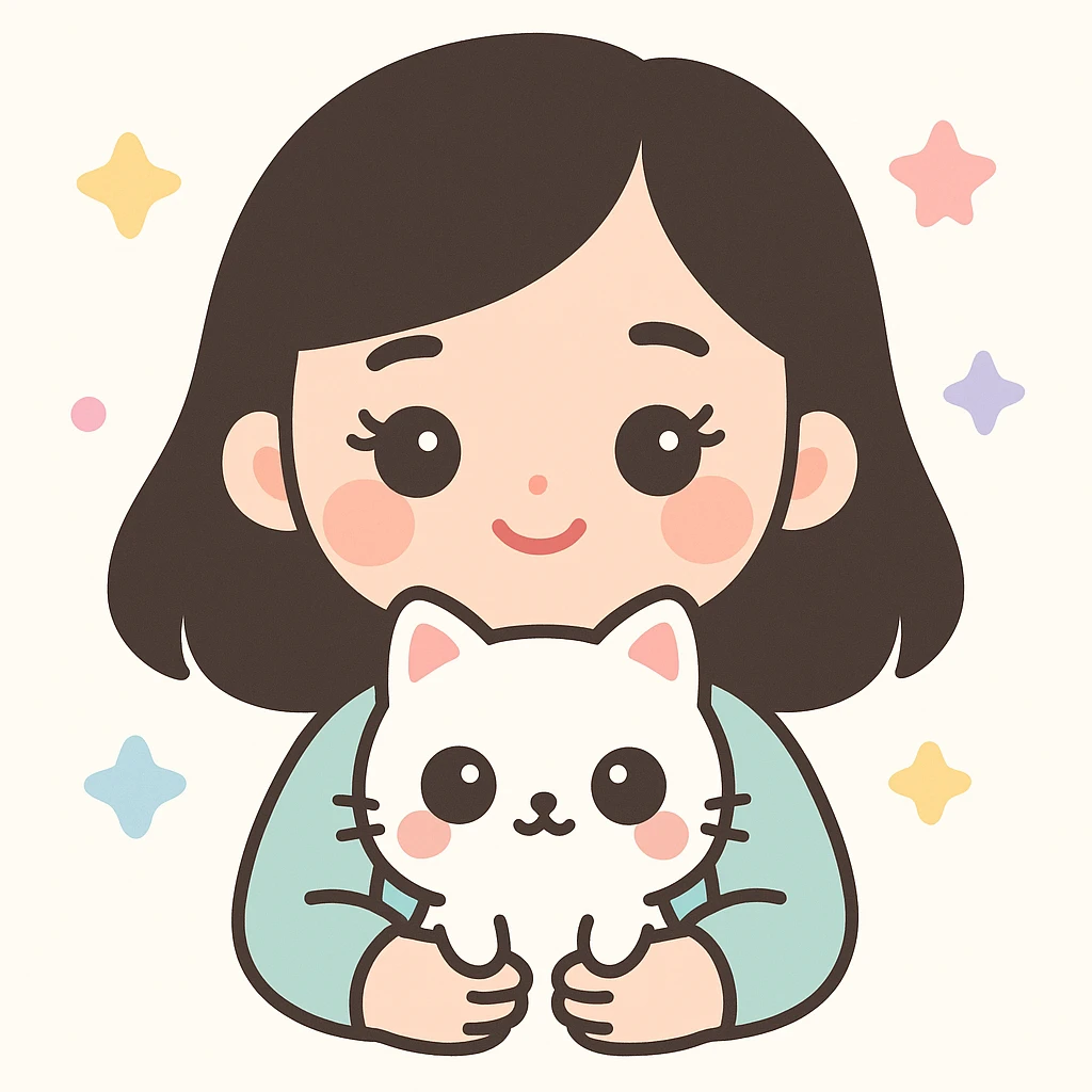 aesthetic girl with dark brown doe eyes, cute eyelashes, soft arched eyebrows, neutral skin tone, light blush, pink glossy full lips, off-shoulder black 2b hair, holding a white cat, kawaii style, detailed, soft colors emoji