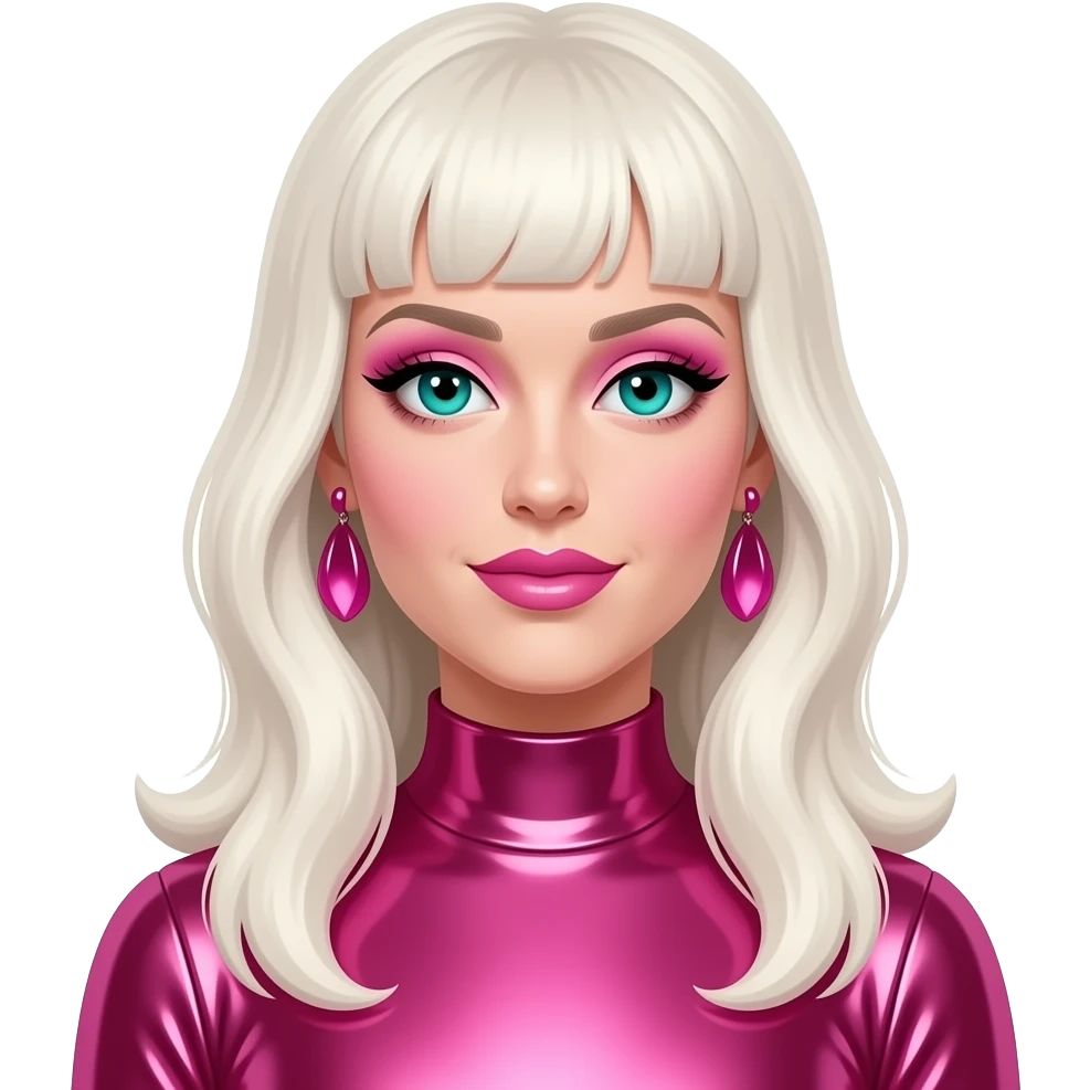 Katy Perry with teal eyes, long white blonde hair, pink eyeshadow and lipstick, hot pink metallic pop outfit, earrings emoji