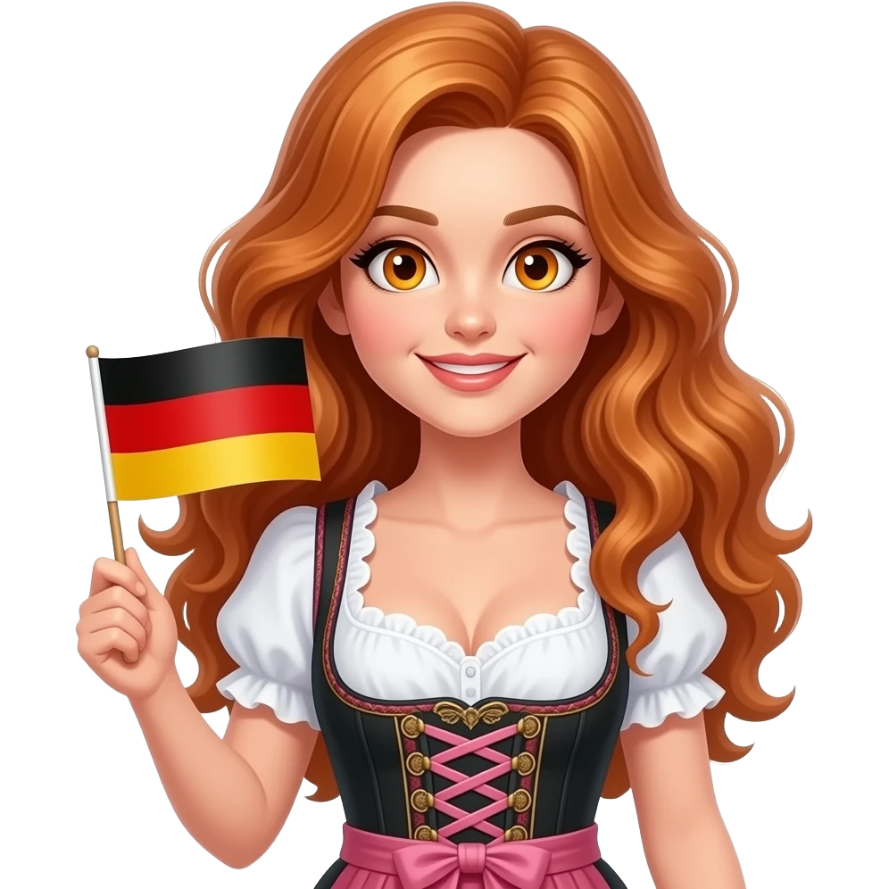sexy girl with long curvy ginger hair and ginger eyes wearing a dirndl is holding a DEUTSCHLAND sign, emoji