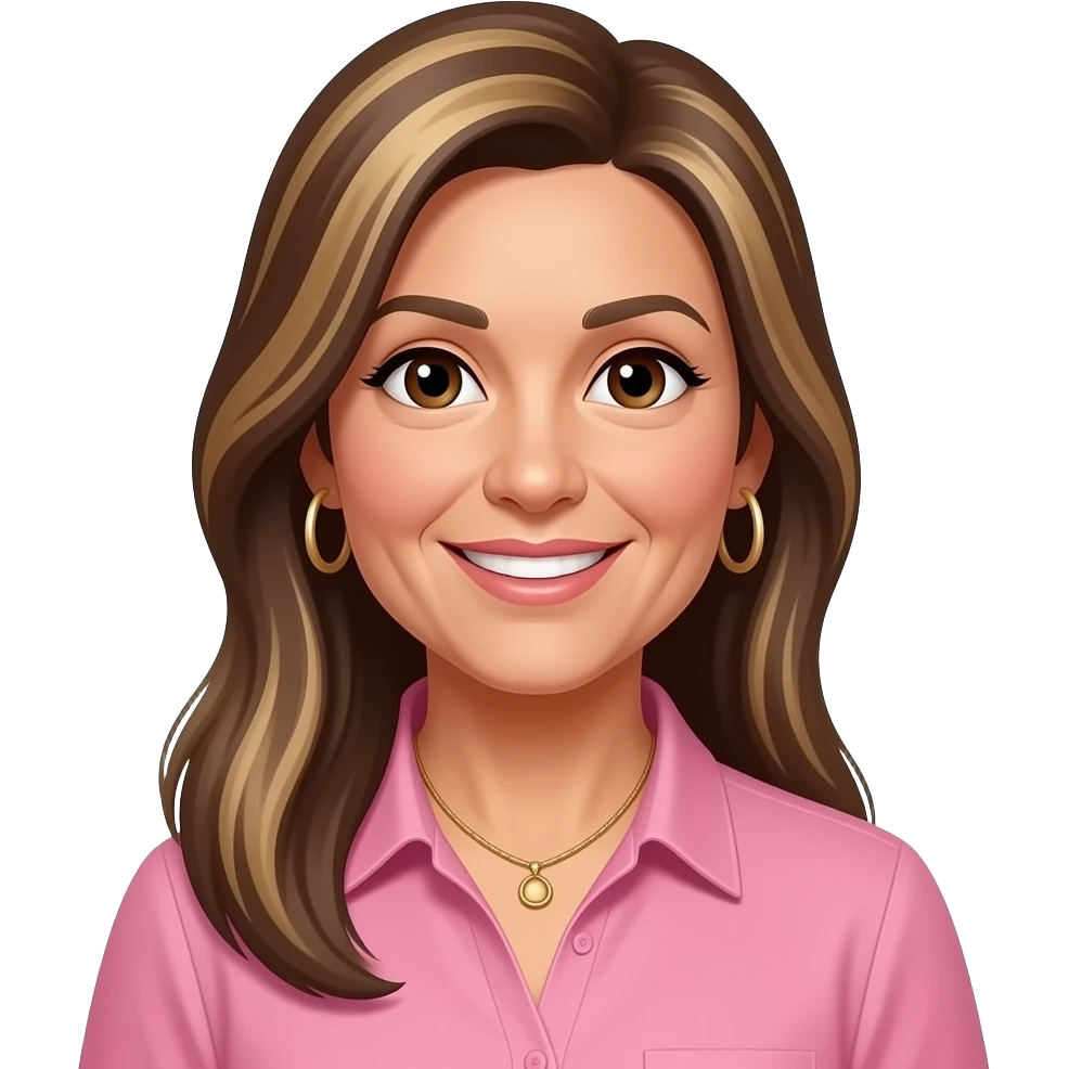 woman early 50s, dark brown eyes, very long straight hair all with highlights one length with side parting, hoop earrings, necklace, pink collared shirt, slighlty tanned skin, open smile, lighter skin, hair hightlights with open smile emoji